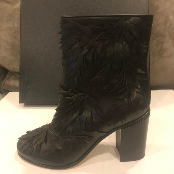 CHANEL 18C Leather Fringe Leaf Detail Ankle Boots Bootie Heels Shoes